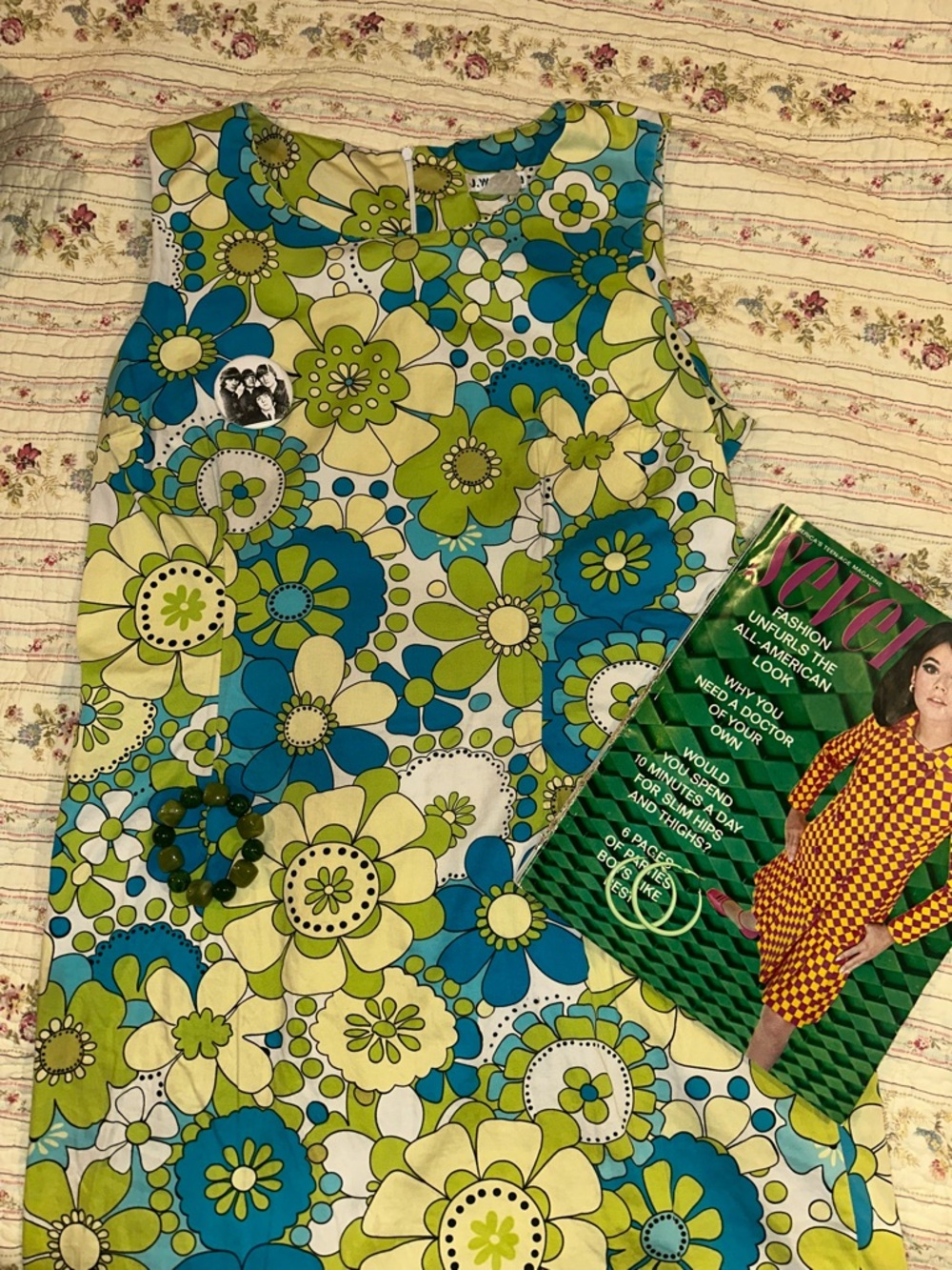 Retro 90s 60s Style Mod Floral Flower Power Shift Dress Green Blue Vintage XL L